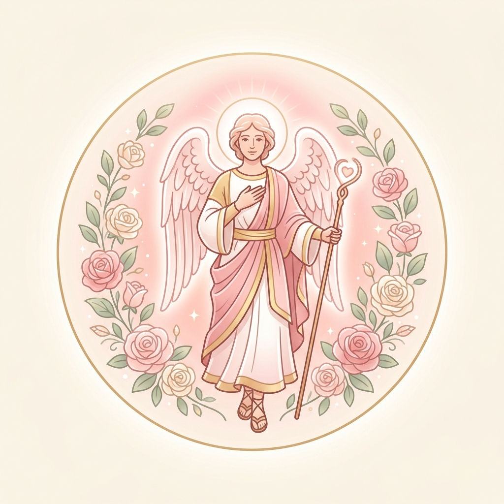 Ilustración tierna de Arcángel Chamuel rodeado de rosas rosadas