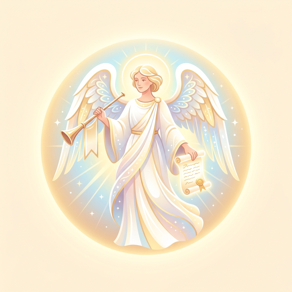 Ilustración tierna de Arcángel Gabriel con trompeta dorada