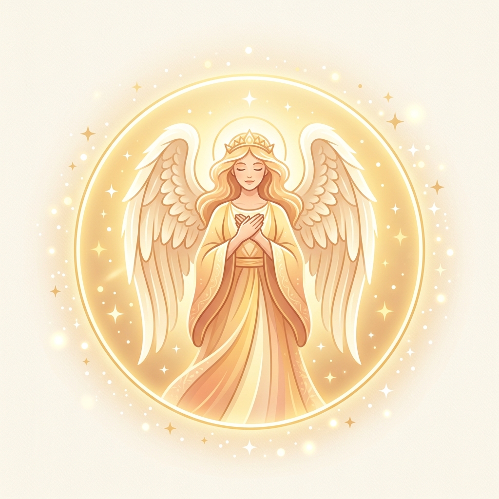 Ilustración tierna de Arcángel Jofiel con destellos de luz dorada